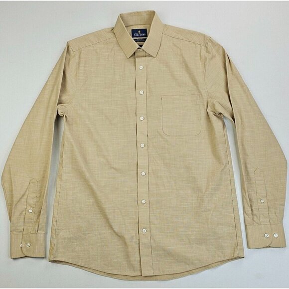 Stafford Regular Fit Signature Textured Slub Size Medium Men's Oatmeal L/S Shirt - Picture 1 of 8